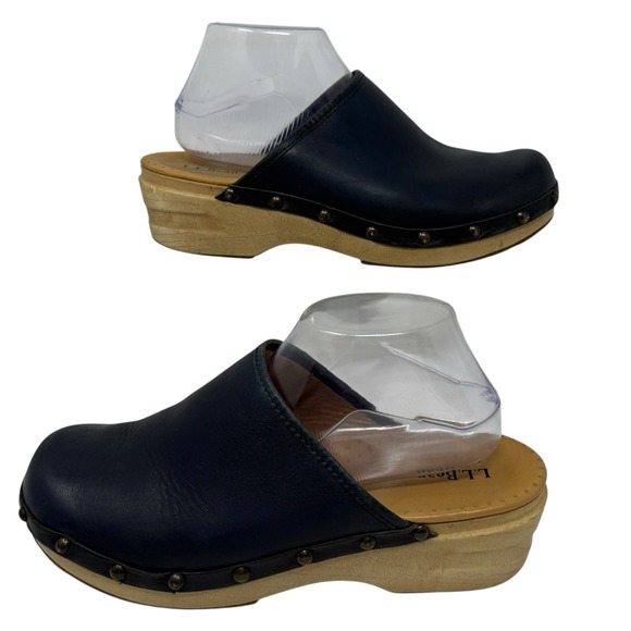 LL Bean Clogs Womens 8.5 Dark Blue  Studded Leather Casual Nordic Faux Wood - Picture 1 of 10